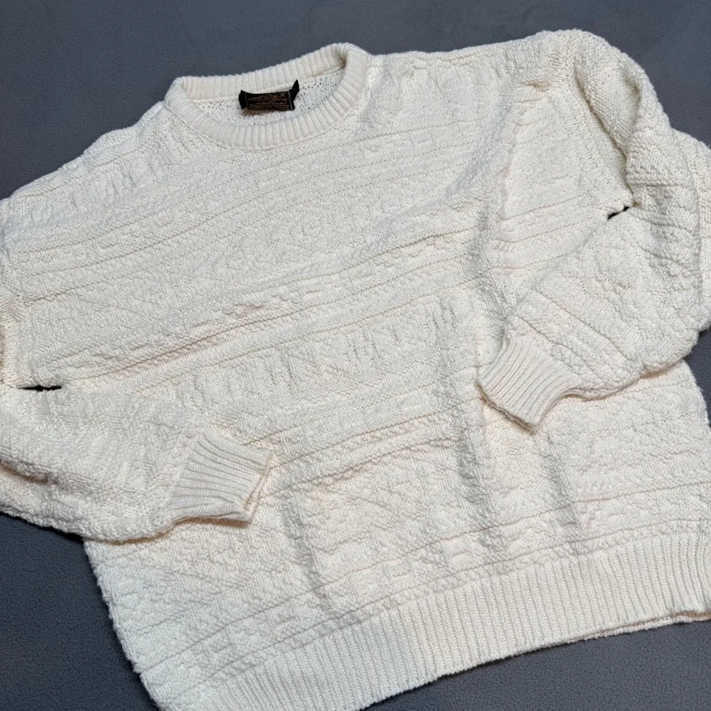 Vintage Fisherman Eddie Bauer Sweater Textured Knit Pullover XL Cream Off White